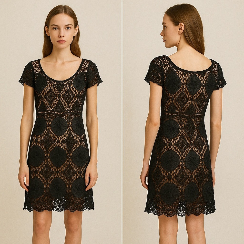 Sue Wong Black Crochet Dress Size 0 Cap Sleeve Lined Formal Lace Boho
